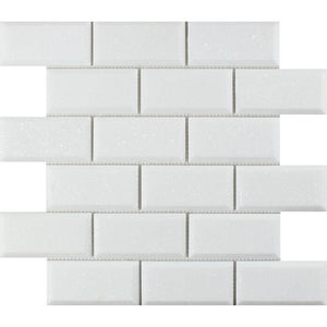 2 x 4 Honed Thassos White Marble Deep-Beveled Brick Mosaic Tile.