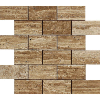 2 x 4 Unfilled Polished Noce Exotic (Vein-Cut) Travertine Brick Mosaic Tile.