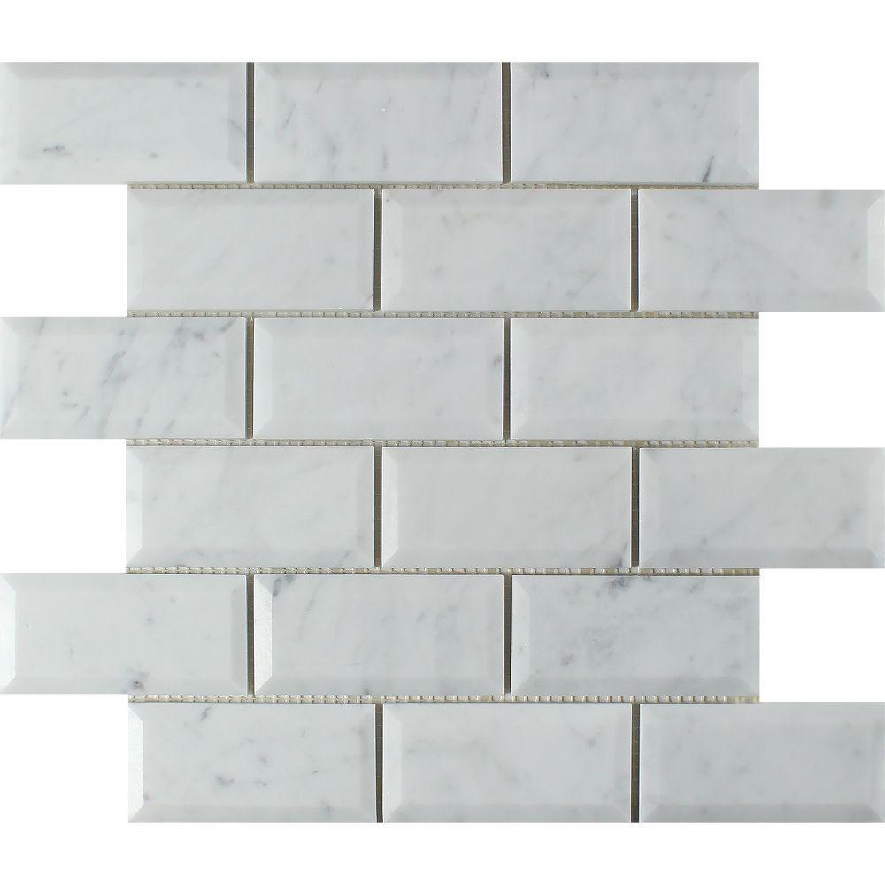2 x 4 Polished Bianco Carrara Marble Deep-Beveled Brick Mosaic Tile.