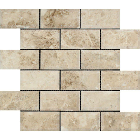 2 x 4 Polished Cappuccino Marble Deep-Beveled Brick Mosaic Tile.