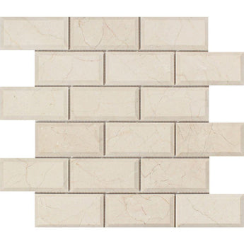 2 x 4 Polished Crema Marfil Marble Deep-Beveled Brick Mosaic Tile.