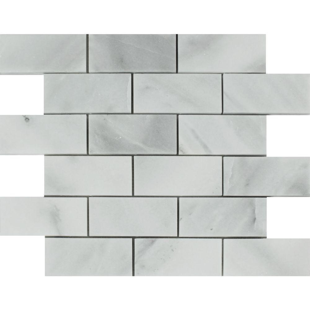 2 x 4 Polished Bianco Mare Marble Brick Mosaic Tile.