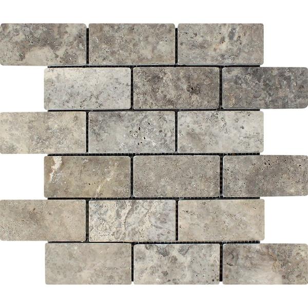 2 x 4 Tumbled Silver Travertine Brick Mosaic Tile.