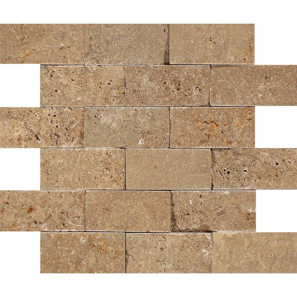 2 x 4 Split-faced Noce Travertine Brick Mosaic Tile.