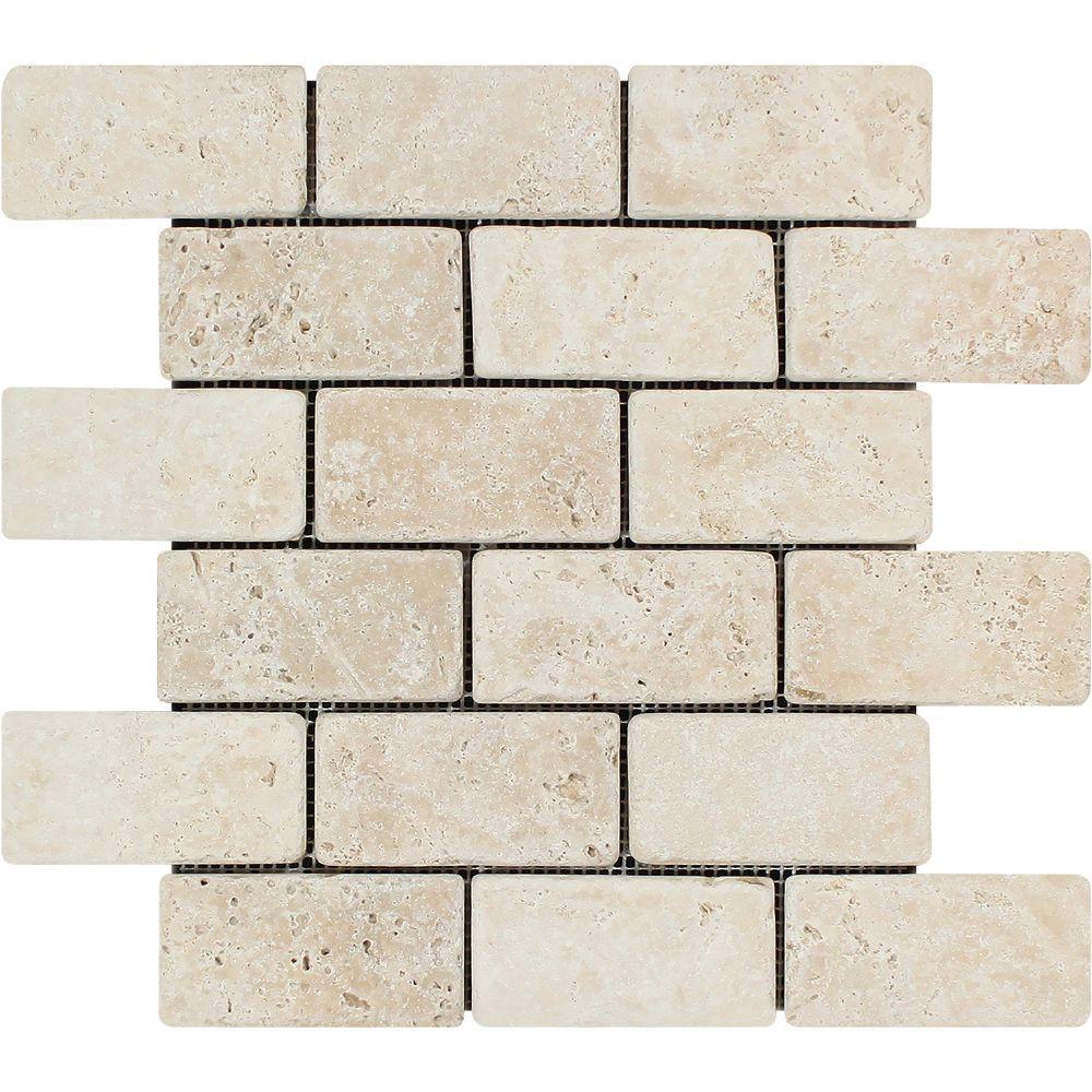 2 x 4 Tumbled Ivory Travertine Brick Mosaic Tile.