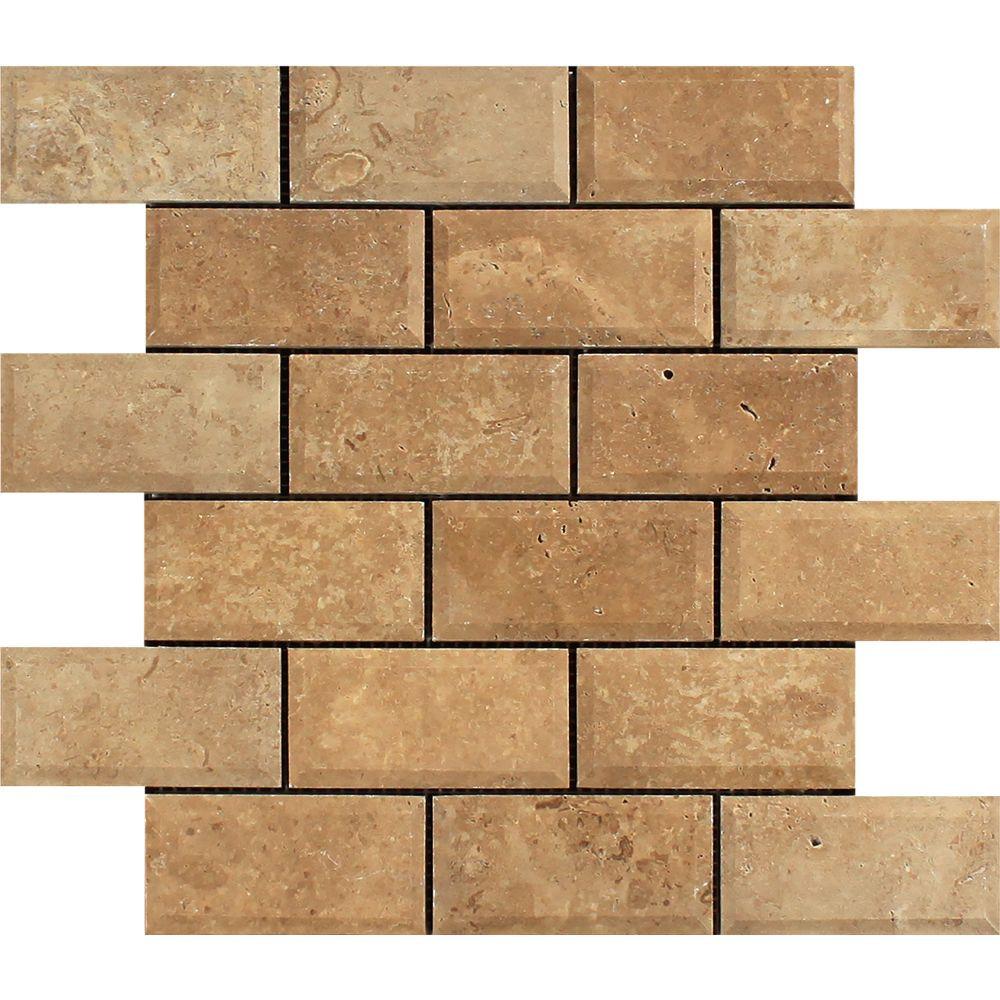 2 x 4 Tumbled Noce Travertine Deep-Beveled Brick Mosaic Tile.