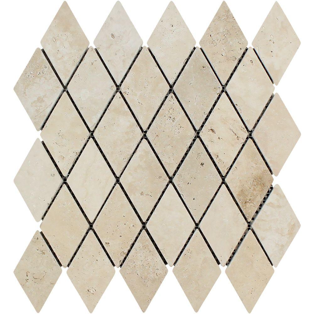 2 x 4 Tumbled Ivory Travertine Diamond Mosaic Tile.