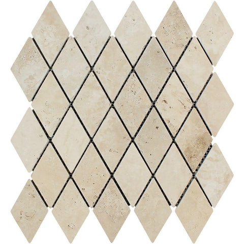 2 x 4 Tumbled Ivory Travertine Diamond Mosaic Tile.