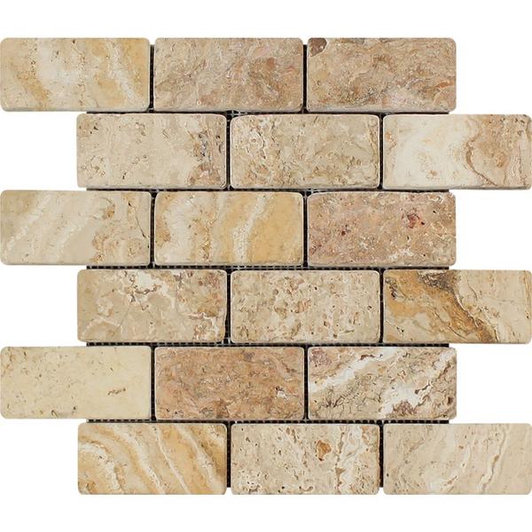 2 x 4 Tumbled Valencia Travertine Brick Mosaic Tile.