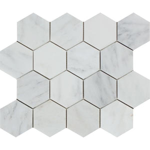 3 x 3 Honed Oriental White Marble Hexagon Mosaic Tile.