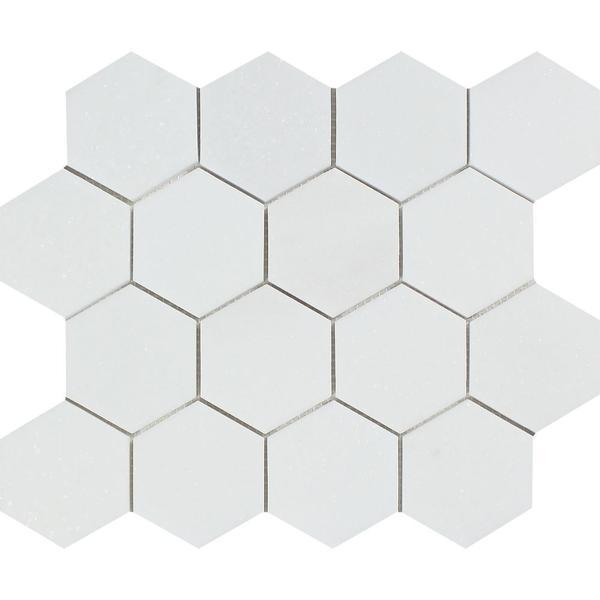 3 x 3 Honed Thassos White Marble Hexagon Mosaic Tile.
