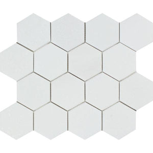 3 x 3 Honed Thassos White Marble Hexagon Mosaic Tile.