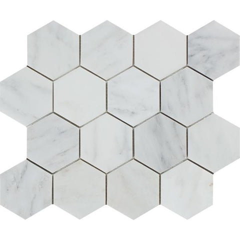 3 x 3 Polished Oriental White Marble Hexagon Mosaic Tile.