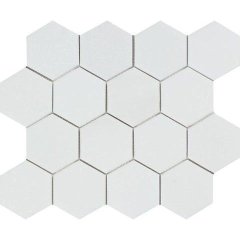 3 x 3 Polished Thassos White Marble Hexagon Mosaic Tile.