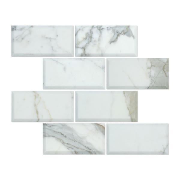 3 x 6 Deep-Beveled Polished Calacatta Gold Marble Tile.