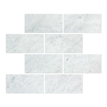 Three 3x6 honed Bianco Carrara marble tiles with gray veining, natural stone surface, arranged in a row.