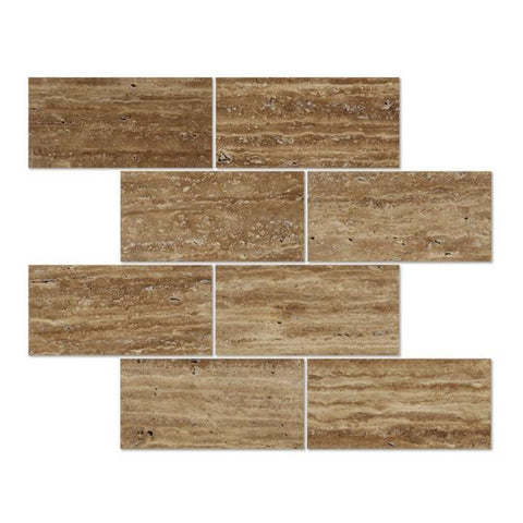 3 x 6 Unfilled Polished Noce Exotic (Vein-Cut) Travertine Tile.