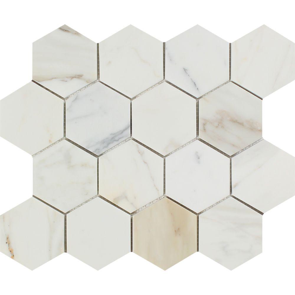 3 x 3 Honed Calacatta Gold Marble Hexagon Mosaic Tile.