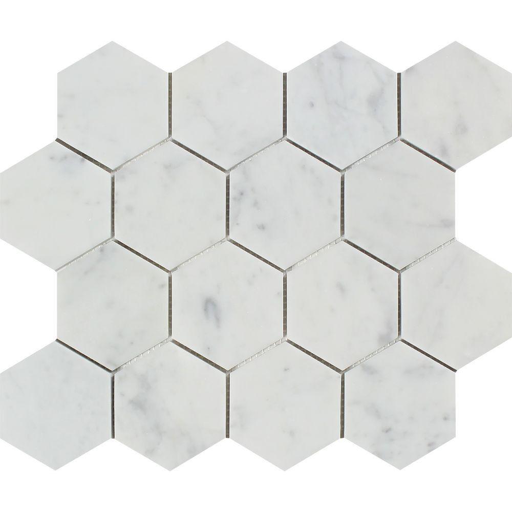 3 x 3 Honed Bianco Carrara Marble Hexagon Mosaic Tile.