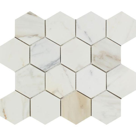 3 x 3 Polished Calacatta Gold Marble Hexagon Mosaic Tile.