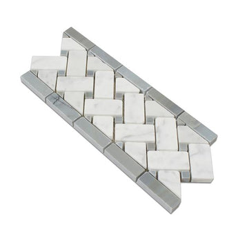 4 3/4 x 12 Honed Bianco Carrara Marble Basketweave Border w/ Blue-Gray Dots.