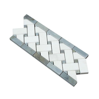 4 3/4 x 12 Honed Thassos White Marble Basketweave Border w/ Blue-Gray Dots.
