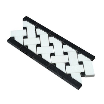 4 3/4 x 12 Polished Thassos White Marble Basketweave Border w/ Black Dots.