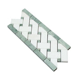 4 3/4 x 12 Polished Thassos White Marble Basketweave Border w/ Ming Green Dots.