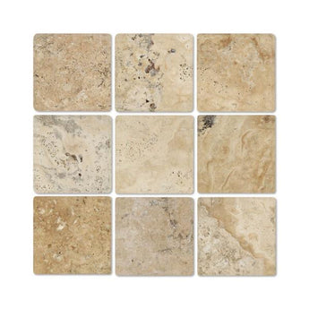 Four 4x4 tumbled Philadelphia Travertine mosaic tiles with natural earthy tones and textured surface.