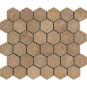 Noce Travertine 2x2 Hexagon Tumbled Mosaic Tile.