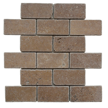 Noce Travertine 2x4 Tumbled Mosaic Tile.