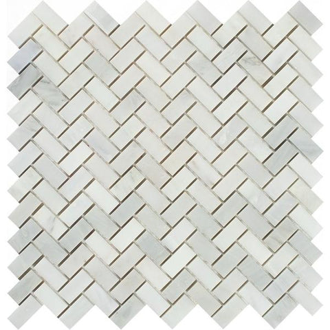 5/8 x 1 1/4 Honed Oriental White Marble Mini Herringbone Mosaic Tile.