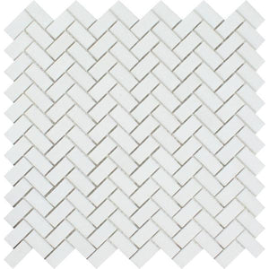 5/8 x 1 1/4 Honed Thassos White Marble Mini Herringbone Mosaic Tile.