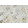 5/8 x 1 1/4 Polished Calacatta Gold Marble Mini Herringbone Mosaic Tile.