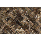 5/8 x 1 1/4 Polished Emperador Dark Marble Mini Herringbone Mosaic Tile.
