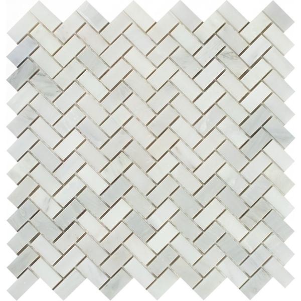 5/8 x 1 1/4 Polished Oriental White Marble Mini Herringbone Mosaic Tile.