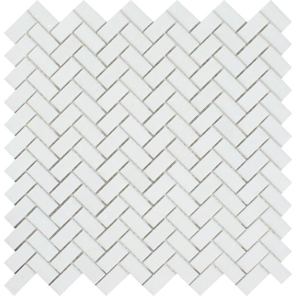 5/8 x 1 1/4 Polished Thassos White Marble Mini Herringbone Mosaic Tile.