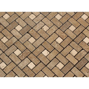5/8 x 1 1/4 Tumbled Noce Travertine Mini Pinwheel Mosaic Tile w/ Ivory Dots.