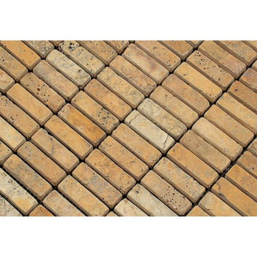 5/8 x 2 Tumbled Gold Travertine Single-Strip Mosaic Tile.