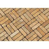 5/8 x 2 Tumbled Gold Travertine Triple-Strip Mosaic Tile.