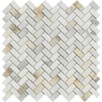 5/8 x 1 1/4 Honed Calacatta Gold Marble Mini Herringbone Mosaic Tile.