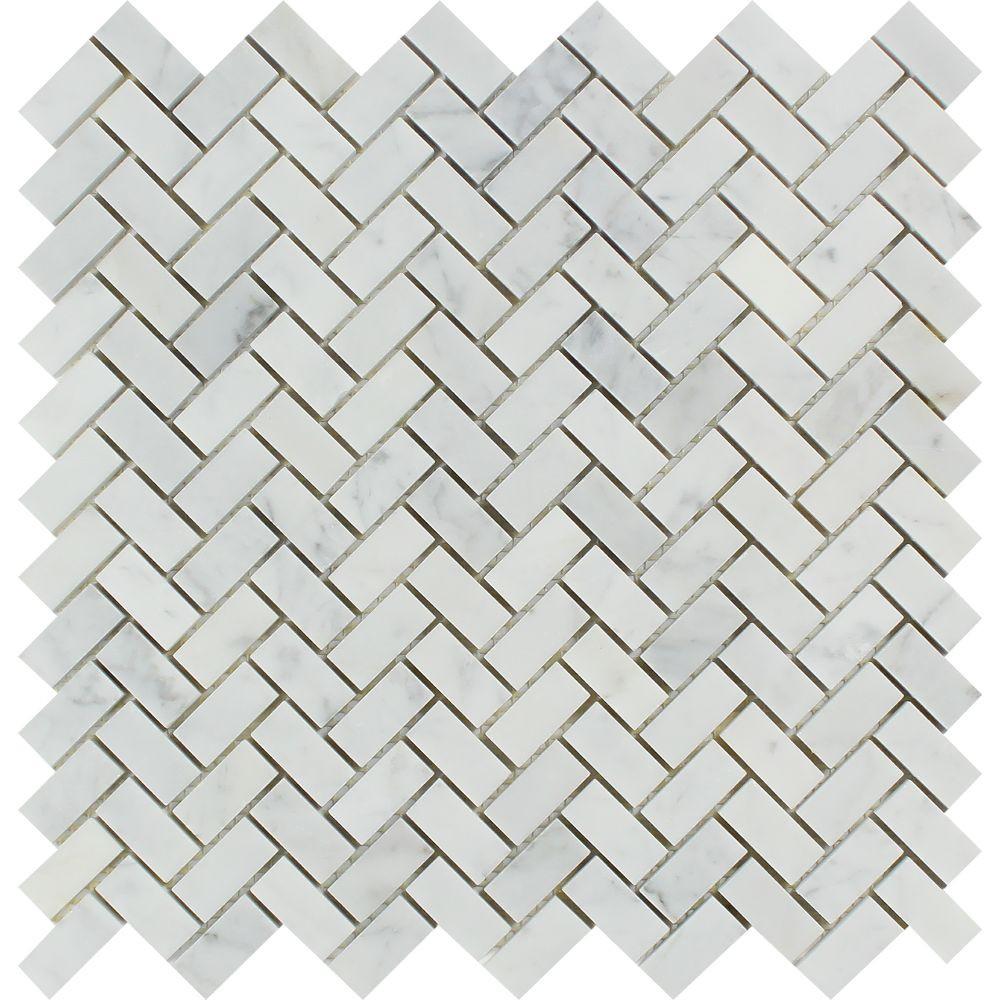 5/8 x 1 1/4 Honed Bianco Carrara Marble Mini Herringbone Mosaic Tile.