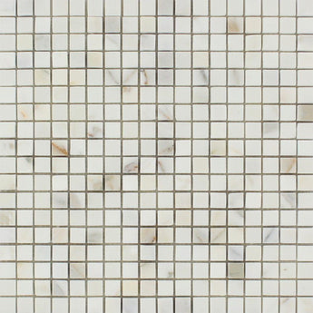 Polished Calacatta marble gold mosaic tile with white and gold veining, 5/8 x 5/8 inch, ideal for elegant wall or floor accents.