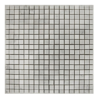 Polished Bianco Carrara marble mosaic tile with 5/8 inch square pieces, showcasing elegant white and gray veined stone pattern.