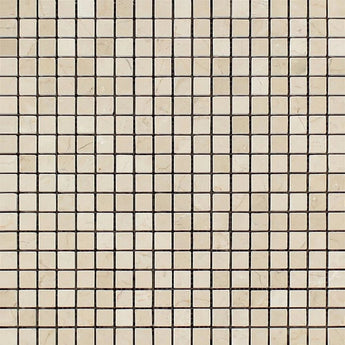 Polished Crema Marfil marble mosaic tile with 5/8 x 5/8 inch squares, showcasing smooth, elegant beige stone pattern.
