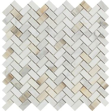 5/8 x 1 1/4 Polished Calacatta Gold Marble Mini Herringbone Mosaic Tile.