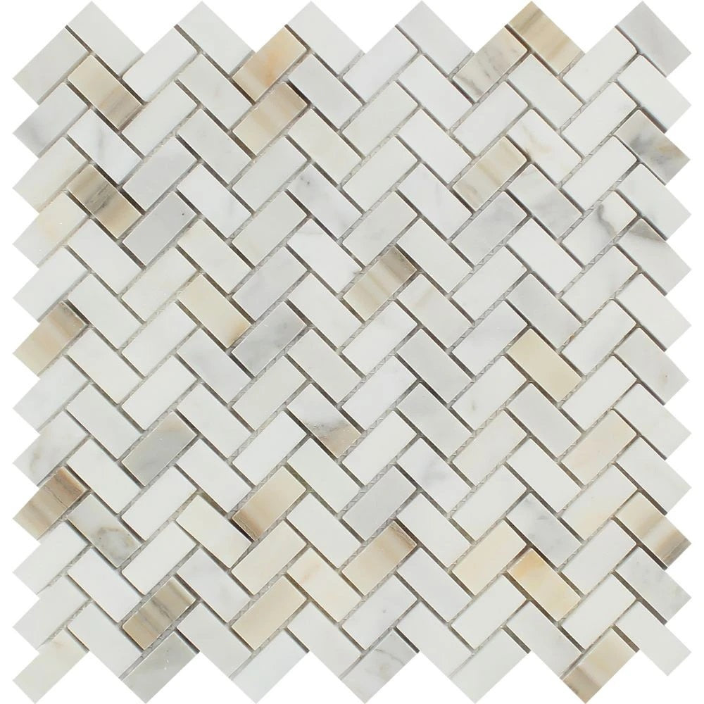 5/8 x 1 1/4 Polished Calacatta Gold Marble Mini Herringbone Mosaic Tile.