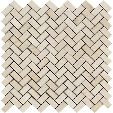 5/8 x 1 1/4 Polished Crema Marfil Marble Herringbone Mosaic Tile.