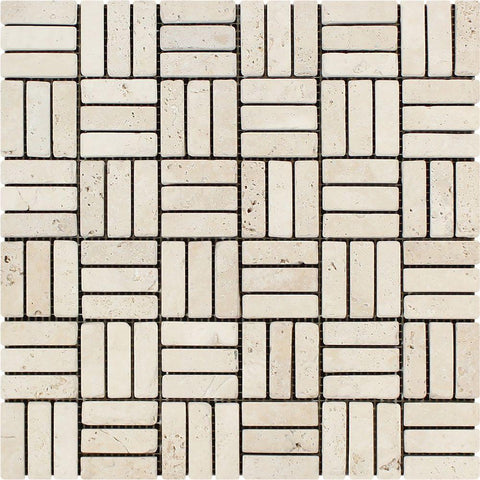 5/8 x 2 Tumbled Ivory Travertine Triple-Strip Mosaic Tile.