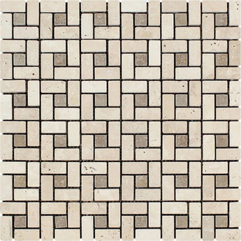 5/8 x 1 1/4 Tumbled Ivory Travertine Mini Pinwheel Mosaic Tile w/ Noce Dots.